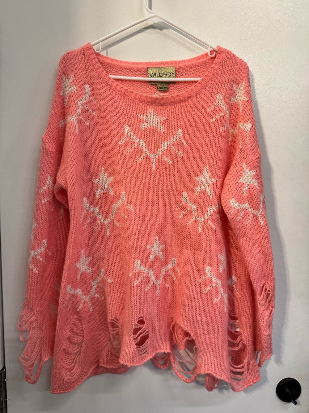 Wildfox White Label Pink Distressed  Sweater XS Oversized Grunge Festival Knit